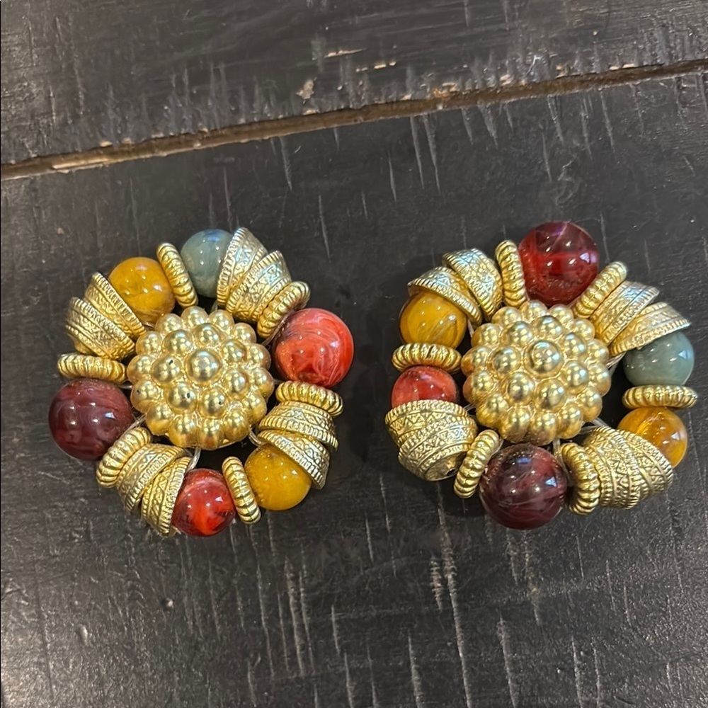 Vintage Chunky Statement Gold and Multicolor Beaded Clip On Earrings​